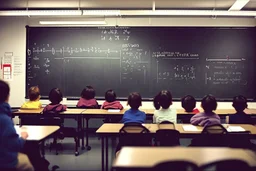 class of children's students, view from the back of the class, looking at the blackboard, students sitting at their desk and a student writing on the blackboard, real photography, reality, photojournalism