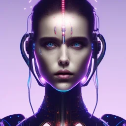 singer Danish MØ face, lumen lighting, led lights, <hanging wires> many wires connected to the head<perfect pupil> <cyborg> <garage> <sci-fi futuristic>