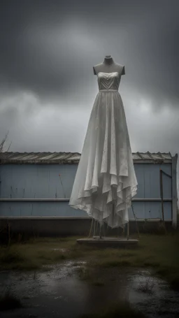 A wet washed wedding dress hanging on a drying cloths rob , in a stormy foggy sky in the background