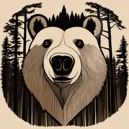 M shaped bear head combined with woods silhouette in backround, letterpress style, minimalistic pencil art