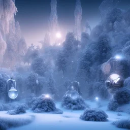 winter landscape, bells, ice, dreamy, science fiction