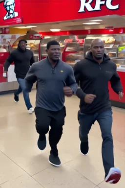 200 black men running into a KFC chicken restaurant doing everything to get chicken pure chaos. birdseye vieew