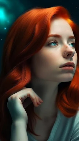 beautiful girl with red hair dreaming of a love world and looking to the space