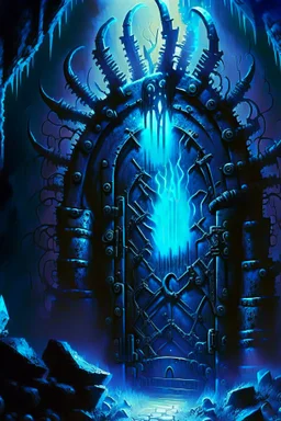 Glowing spiked iron entrance to a scary scifi blue mine at night steampunk rpg painterly art