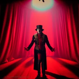 circus ringmaster standing alone inside dark circus tent, garish red coat, desolate, 1800s, chiaroscuro lighting , 8k UHD, matte painting, illustration, renaissance, artwork, high-quality, intricate detail, dark circus, night circus, creepy, rocco, greg rutowski, howard lyon, alphonse mucha