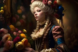 Marie Antoinette with a wig full of colorful candy and flowers portrait with rock clothes/imagine prompt: by Caravaggio Michelangelo Merisi, Arts and Crafts, Cinematic, 35mm, Wide Angle, Warm Color Palette, Natural Lighting, Mist, Parallax, insanely detailed and intricate, hypermaximalist, elegant, ornate, hyper realistic, super detailed --testp in a room