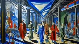 An oil painting by Kuniyoshi and Picasso of tech-people walking inside a futuristic matrix world.