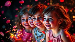 Magical Fantastic young happy children, Flying petals, fireflies, glow-worms, Splash, Portrait Photography, Fantasy Background, Intricate Patterns, Ultra Detailed, Luminous, Radiance, Ultra Realism, Complex Details, Intricate Details, 16k, HDR, High Quality, Trending On Artstation, Sharp Focus, Studio Photo, Intricate Details, Highly Detailed