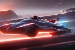 Futuristic formula spacecraft, racing fast on track circuit, cyberpunk style, fog