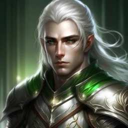 Please create an image for a young elven male with light brown skin, silver hair, and green eyes. He is wearing leather armor