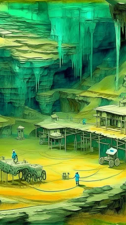 A greenish blue underground mine with a village designed in Lascaux cave paintings painted by Jeffrey Kolker