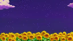 purple sky full of stars, sunflower field, anime