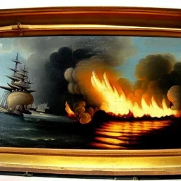 1700s french painting, warship burning, fire, ocean