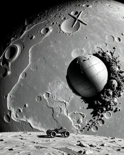 aerial lunar reconnaissance satellite image of a young impact crater with larger regolith along right ride. A damaged metallic alien sphere with fracture lines like an egg. organic growth across regolith and up crater walls. Along the lower frame edge a small modern bare-bones lunar-vehicle sits near the rim with visible wheel tracks. comic pencils