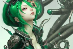 Detailed cute anime Kunoichi girl, green hair buns, green bangs, black latex bodysuit, intricate details, full body portrait, keep head in frame, slight smile, black Japanese motif, concept art, highly detailed, digital painting, concept art, sharp focus, illustration, art by Yoji Shinkawa, WLOP and greg rutkowski and alphonse mucha and artgerm and yanjun Chen and Junji ito and Makoto Shinkai, HDR, octane render