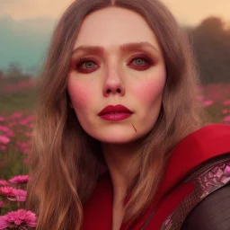 Feiticeira escarlate, Elizabeth Olsen, feiticeira, magia, rosto detalhado belo, bonita, cenário em um campo de flores, cinematográfico, dramático, por do sol, campo de flores, cores frias