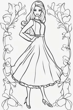 outline art for kids barbie coloring pages with barbie with short dress, no background, sketch style, full body, only use outline, mandala style, clean line art, white background, no shadows and clear and well outlined. should look exactly like barbie