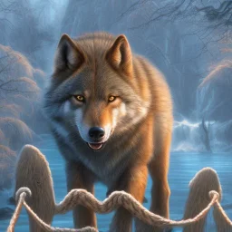 fantasy art of big wolf walking on very tight rope bridge over icy water