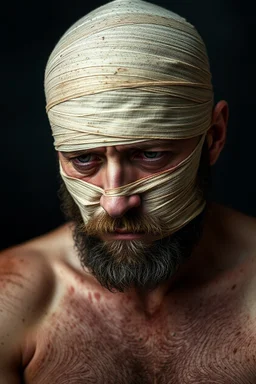 a very sad hurt man with beard, he is covered all the body with bandage and are in deep pain, only the eyes