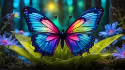 glass butterfly, on neon flower in enchanted forest, ultra detailed, realistic, ral-dissolve, vivid colors, volumetric lighting,