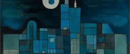 A dark bluish teal Arabian moon palace painted by Paul Klee