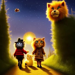 cute fluffy lion and scarecrow and tin-man and kitten on a journey into the woods walking on a yellow brick road, cute adorable pop surrealism, lowbrow art, realistic, street fashion, fluffy , pixar style, hyperrealism, christmas colors, rococo, by "NewAgerJul", Pixar, Disney, concept art, 3d digital art, Maya 3D, ZBrush Central 3D shading, bright colored background, radial gradient background, cinematic, Reimagined by industrial light and magic, 4k resolution post processing 8k resolution holog