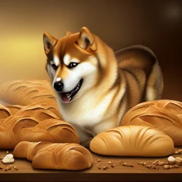 shiba inu doge with lots of nice bread