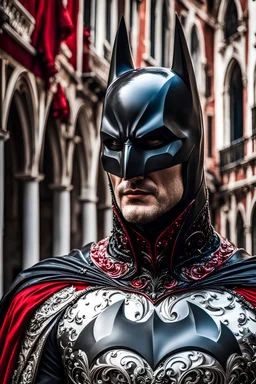 Carnaval de Venecia hermosa imágen de hombre con disfraz de Batman estilo carnaval de venecia color negro rojo y blanco vestido intrincado hiper detallado calidad ultra increíble obra de arte