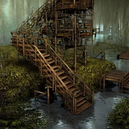 abondoned mine shaft with long metal staircase into murky brackish water, endless mine shaft, flooded, 8k resolution, 3D octane render, intricate, sharp, crisp, ultraHD, digital art, detailed matte, volumetric lighting George Grie, Anne Dittman, Anne Stokes, Lisa Parker, Selina French, brian froud, howard lyon,