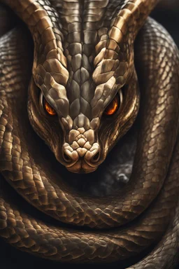 Close up of a Cobra snake ready to strike, head in a flat striking position. Abstract, Stunning and frightening pattern on forehead with staring eyes. Style of steampunk, chaos80, realistic and high quality