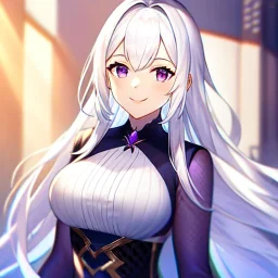 8k, Girl, high quality, detailed, white hair, purple eyes, beautiful lighting, first-rate female bodies, smiling