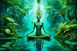 Ecological Art, plants, floating earths, long leaf tendrils, green colors and shades, blue-white waters, rivers, a full body beauty human-plants hermaphrodite mutant meditates in stunning alien flora , cinematic, mistic mood