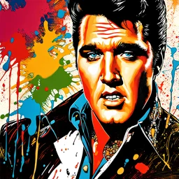 Breathtaking UHD masterpiece, 64K resolution, Elvis Presley's face, energetic splashes, drips and bold strokes of color, conveying a sense of chaos and emotion