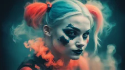 realistic portrait of harley quinn The face of a harlequin; double exposure juxtaposed with Memories of corals, bioluminescence, smoke and loneliness. A cold colour palette with only the fire having warm colours ; hyperealistic photography style digital double exposure post processed for greater detail