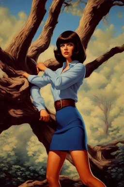 3D Portrait of Velma Dinkley, long-sleeved blouse, miniskirt, leaning forward against a tree, perfect body, perfect face, perfect eyes, dark hair, glamorous, gorgeous, delicate, romantic, realistic, romanticism, blue tones, Boris Vallejo - daylight Background - blue skies, sunlight - dark, wood panel wall in the background - fire, fog, mist, smoke