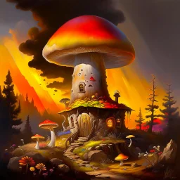 A rustic white, orange and yellow (((mushroom house))) perched atop a (tall geologic pillar), surrounded by a ((( rainbow haze ))), offset by the subtle hues of an (dark space scape), within. captured by the hand a skilled master painter with a focus on (hard bold compositions and voluminous lighting).detailed matte painting, deep color, fantastical, intricate detail, splash screen, exaggerated colors, fantasy concept art, 8k resolution