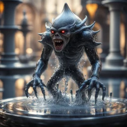 giger escher vampire ogre araknid sculpture in transparent murano glass beeing sprinkled by fountain,bokeh like f/0.8, tilt-shift lens 8k, high detail, smooth render, down-light, unreal engine,bokeh like f/0.8, tilt-shift lens 8k, high detail, smooth render, down-light, unreal engine