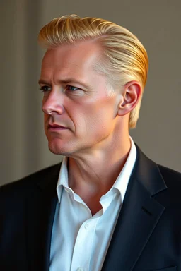 45 year old man with blonde hair slicked back wearing a suite. photorealistic.4k