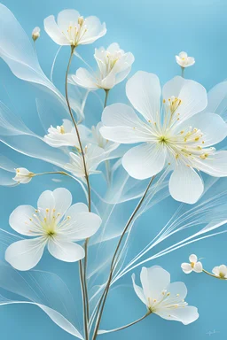 Transport yourself to a peaceful summer day with a modern, abstract line art of a deep light blue background, featuring delicate line-work with white lines of pear tree petals blossoming. The simple lines of the petals are gently swaying, adding a sense of movement and life to the tranquil scene. The petals are scattered throughout the whole background. The vibrant contrast between the soft petals and the bold blue is simply breathtaking. Focus on the details of the lines that form the petal