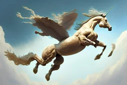 antrophpmorphic half-human, half-horse creature (Centaur) with human head flying after a dynamic jump in the sky