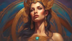 The stunning beautiful goddess of love. concept art, mid shot, intricately detailed, color depth, dramatic, 2/3 face angle, side light, colorful background. Painted by Julie Bell