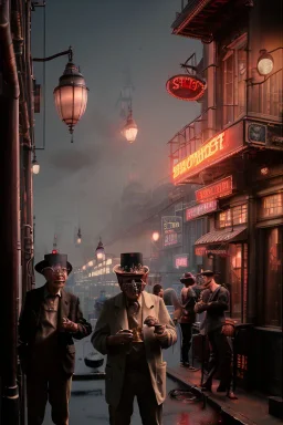 American shot view, old Asian man + little monkey, cabaret scene, steampunk. Sunglasses, smoking, happy, hot. Many people background, highly detailed, concept art, unreal engine 5, god rays, ray tracing, RTX, lumen lighting, ultra detail, volumetric lighting, 3d, finely drawn, high definition, high resolution.