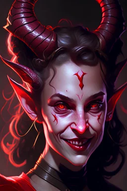 Portrait of a Dungeons and Dragons Tiefling girl with deep red sin, pretty, beautiful, symmetrical horns protruding fromn forehead, devil horns, smile, epic lighhting, cinematic, fantasy, , high quality, best quality, high definition, masterpiece, 8k, artstation, artwork, concept art