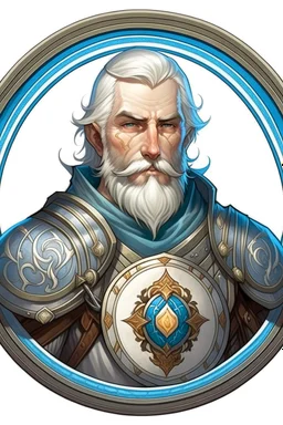 Please create an image for a 30-year old half-aasimar male with silver hair and a short, square beard and blue eyes. He is a cleric of Selune, whose symbol should be placed on the cleric's shield, if visible in the image. The cleric should be wearing chain mail, and carrying a warhammer or a mace and a shield