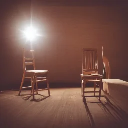 on a huge stage, under the bright spotilght, there is one tiny empty wooden chair