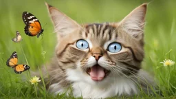 Funny cat in the grass with butterfly