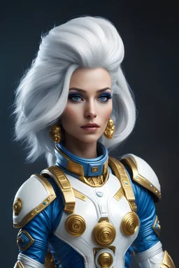 tabletop role-playing miniature of an extraterrestrial commander, beautiful humanlike female face, white hair, wearing blue spacesuit with golden parts. full body. concept art hyperrealism