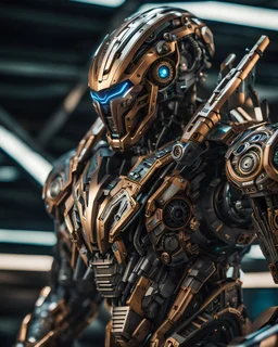 A hyper-detailed close-up view of a Cyber-man mech in transformative style, his metallic skin gleaming with intricate textures and intricate details, captured in an ultra-realistic style that blurs the lines between reality and imagination.