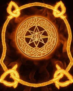 a fiery wheel with 100 eyes floating above the ground, a laser beam pentagram floating above the ground, celtic knot bronze floating, golden ratio, spring time, mushrooms, 8k, flickering light, centered, high-quality, fine-detail, digital art, detailed matte, volumetric lighting, illustration, 3D octane render,psychedelic color