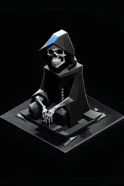 isometric low-poly character of a skeleton in a black hooded cloak,all inside a lighter diamond shape on a black background, monochromatic